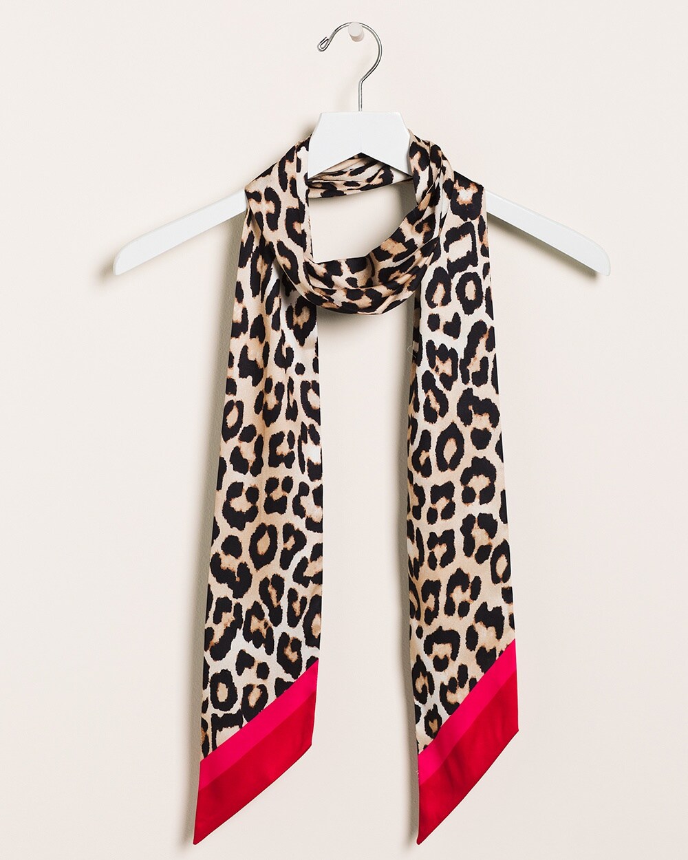Leopard-Print Skinny Oblong Scarf with Solid Border Trim