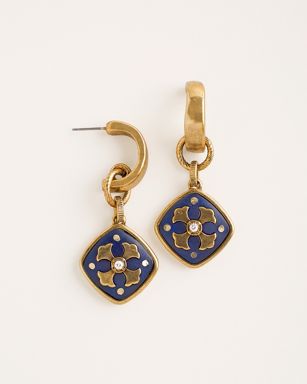 Goldtone and Blue Drop-Hoop Earrings