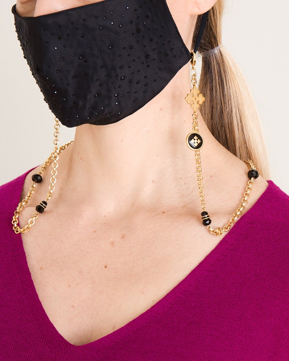 Convertible Black and Goldtone Mask Necklace
