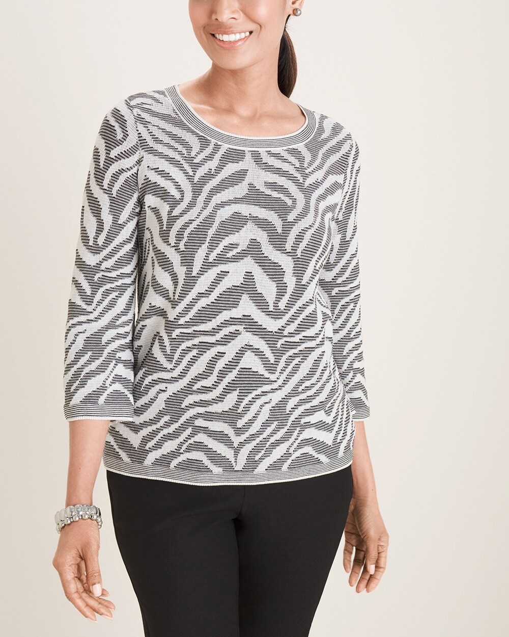 Zebra-Print Zip-Back Jacquard Sweater