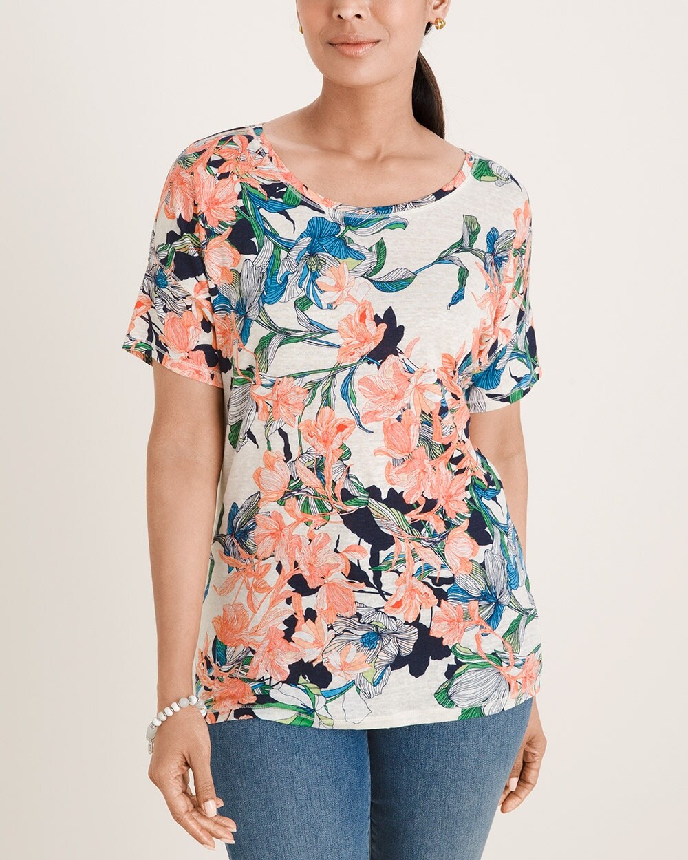 Relaxed Tropical-Floral Linen Tee