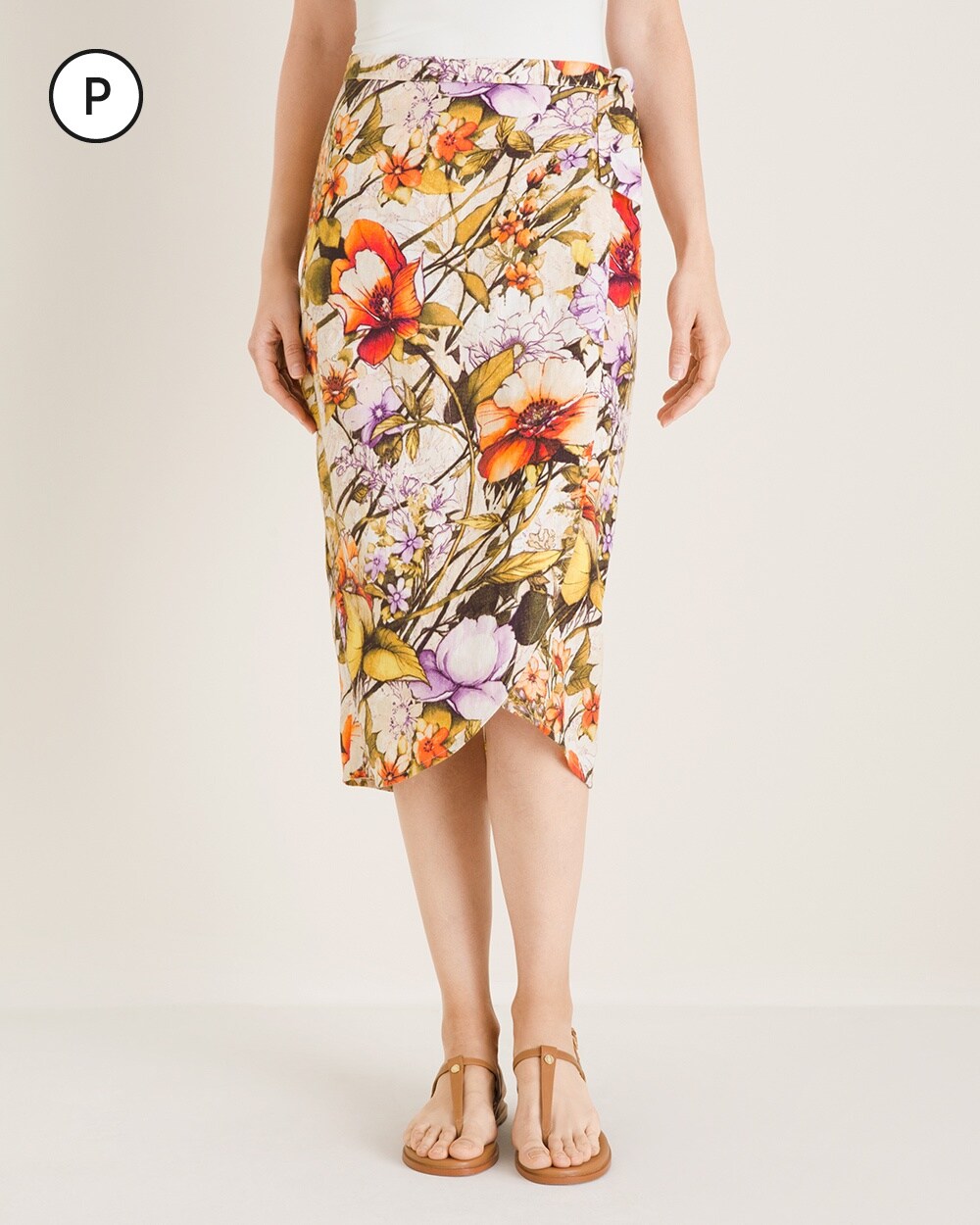 Petite Linen Floral Sarong Faux-Wrap Skirt