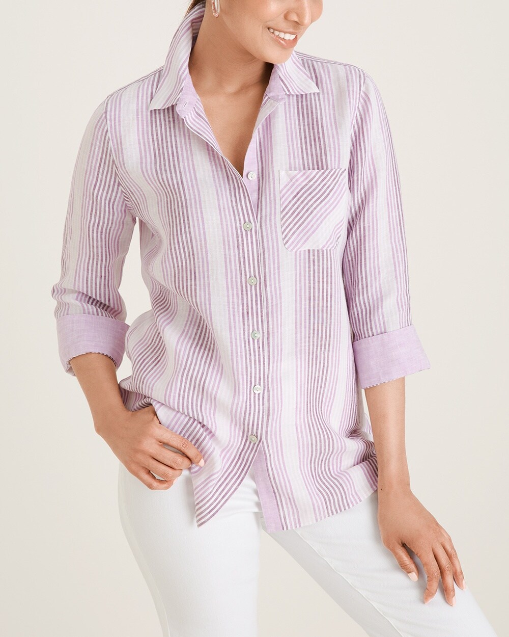 No-Iron FreshChic Purple Striped Linen Shirt