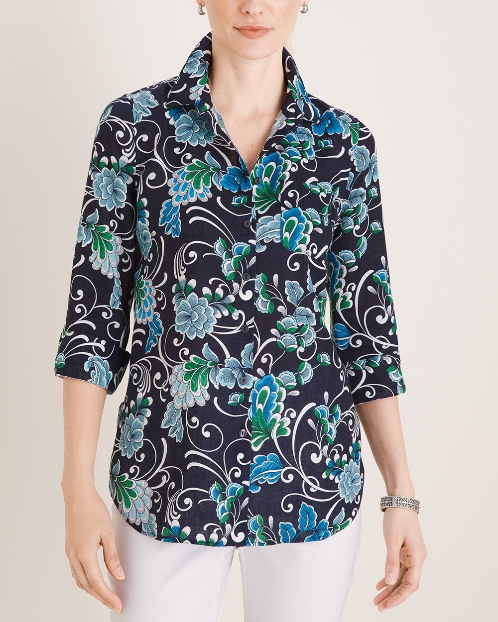 No-Iron FreshChic Linen Floral-Print Shirt