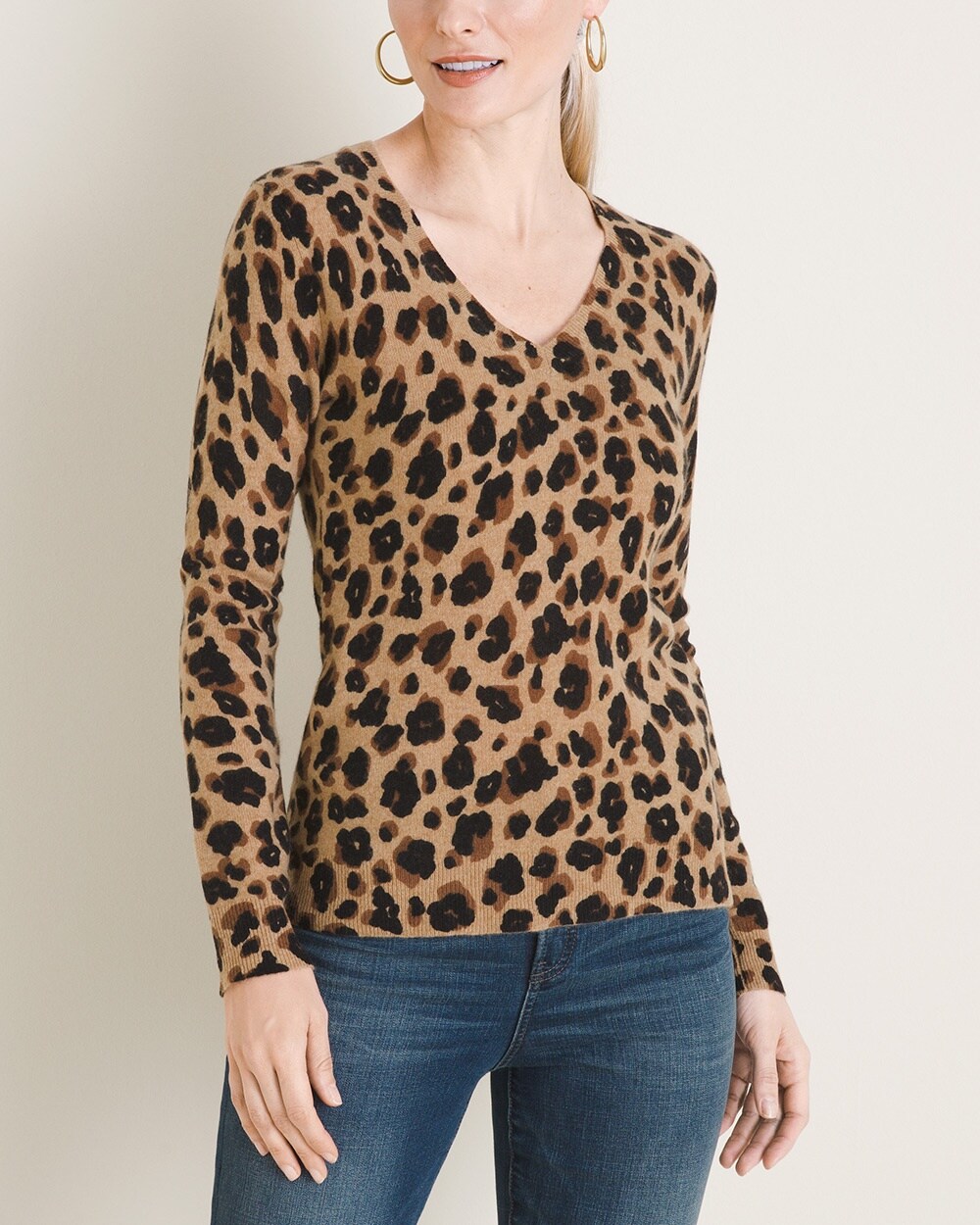 Cashmere Animal-Print V-Neck Sweater