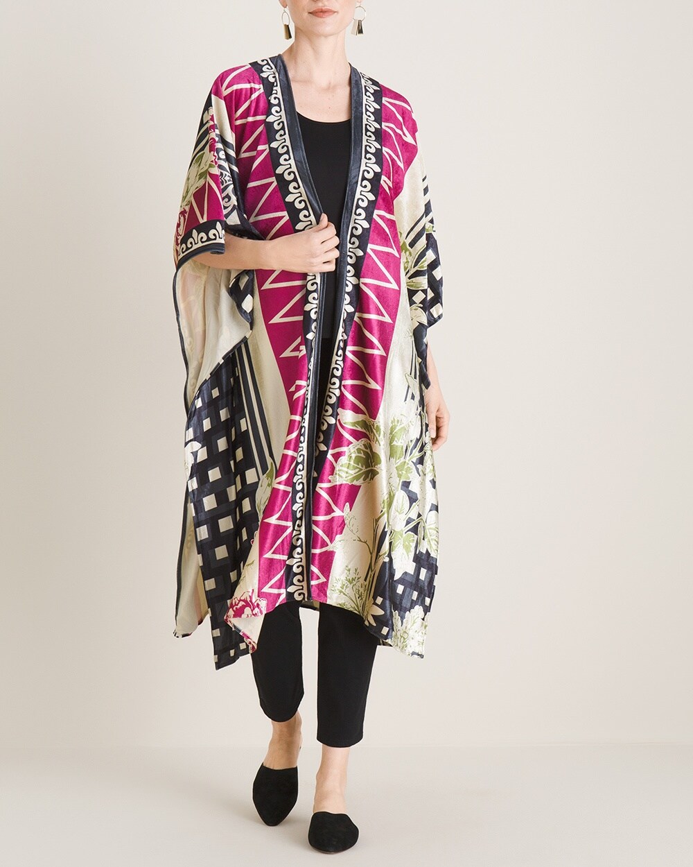 Geometric Daisy-Print Velveteen Kimono