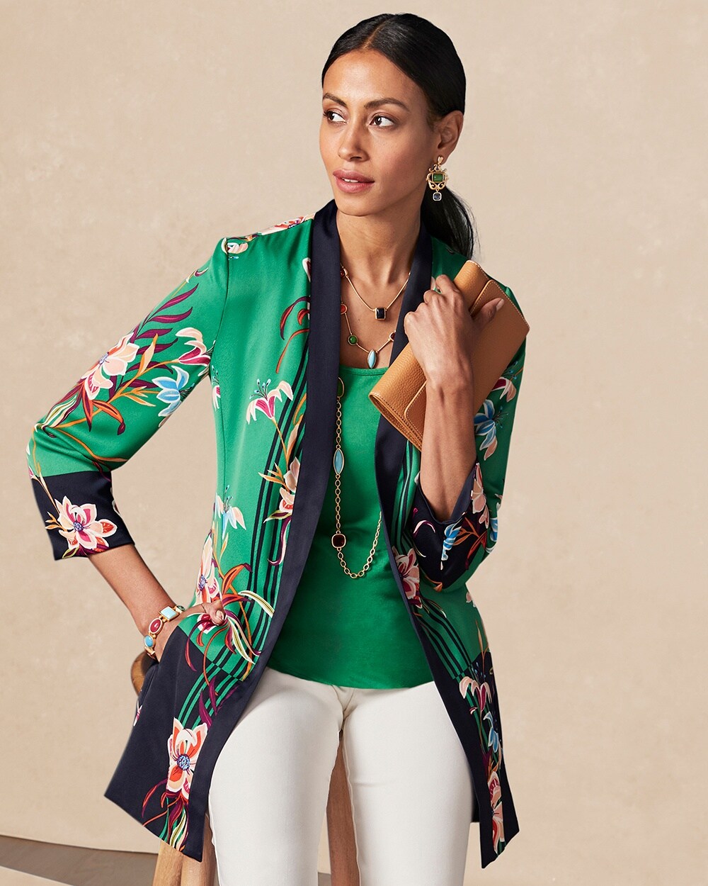 Reversible Floral to Solid Open-Front Jacket