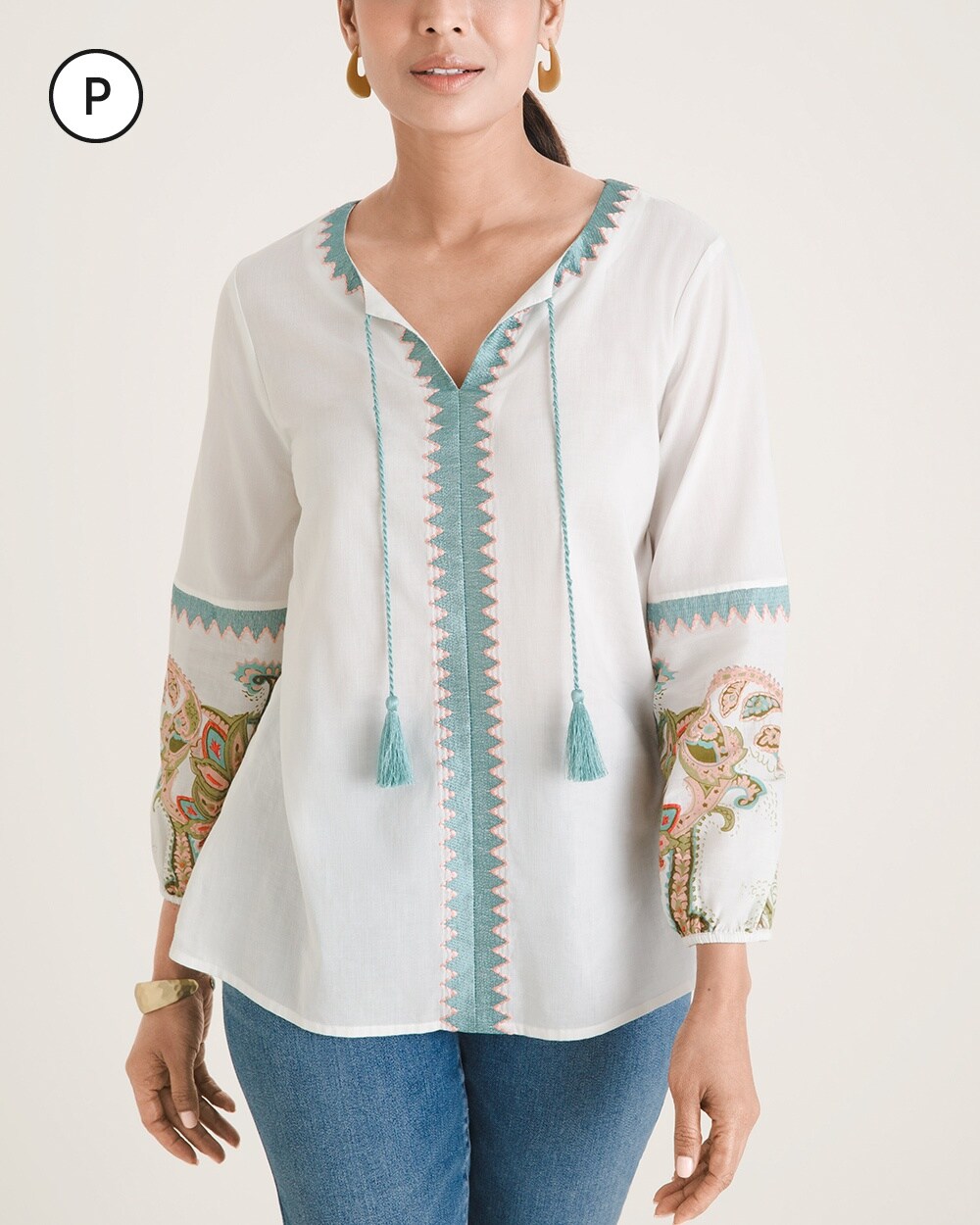 Petite Embroidered Peasant Top