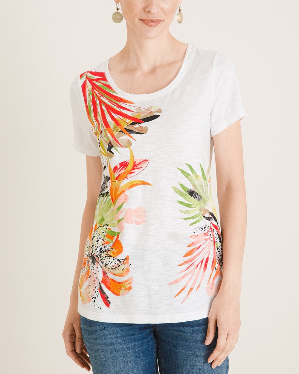 Embroidered Tropical-Print Tee