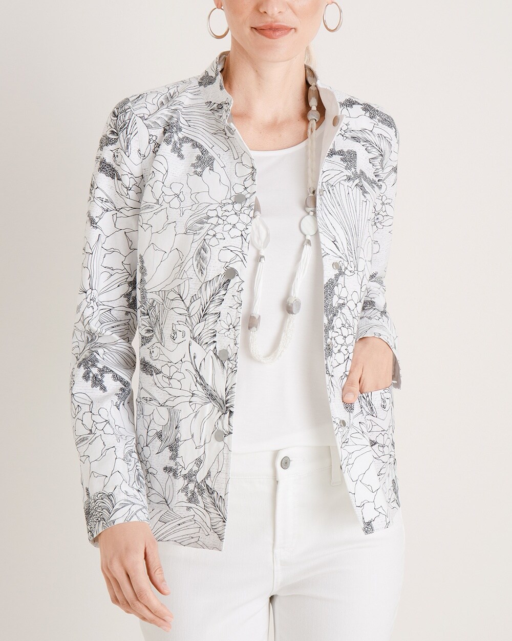 Reversible Tropical-Print to Solid White Linen Jacket