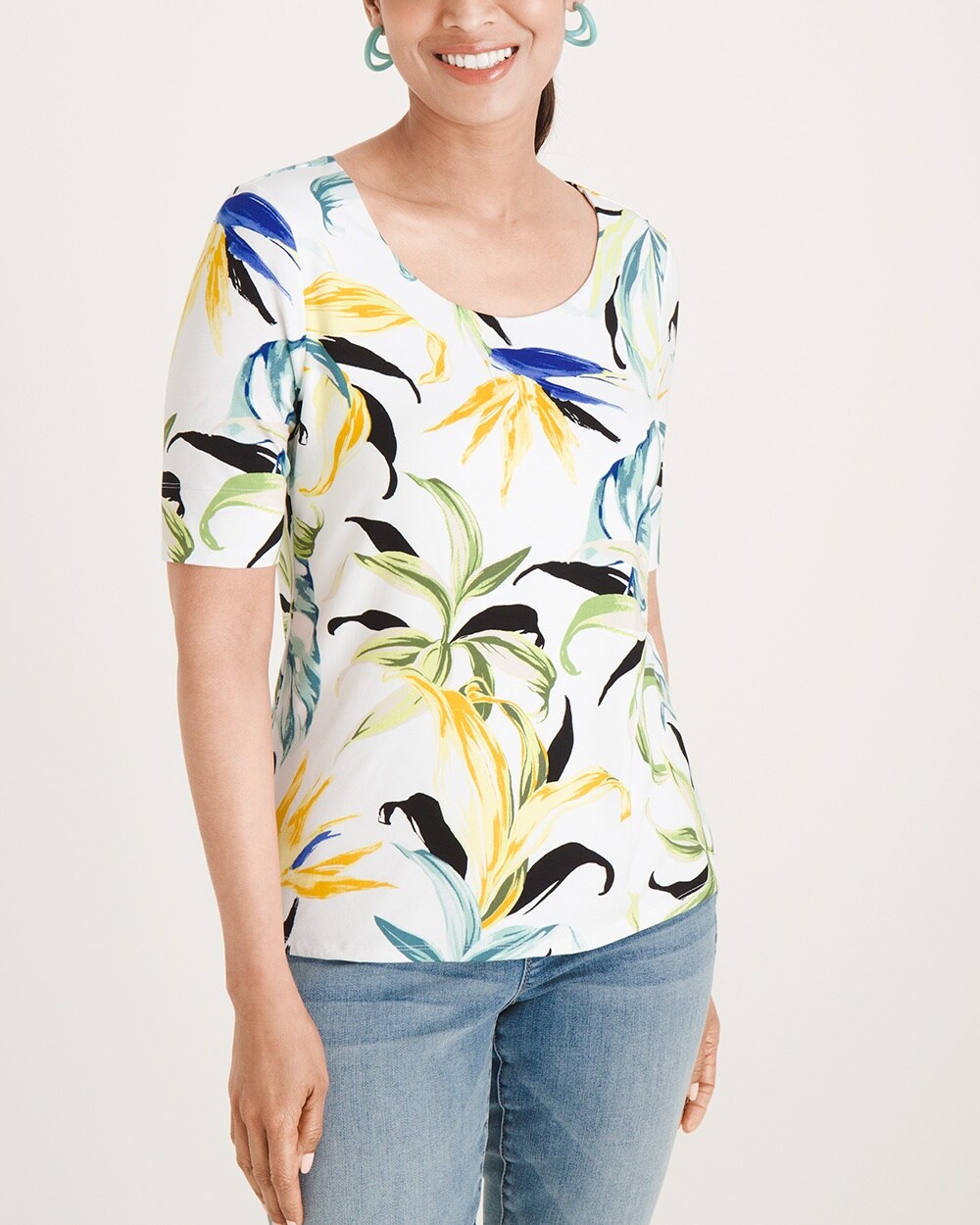 Touch of Cool Tropical-Print Ballet-Neck Tee