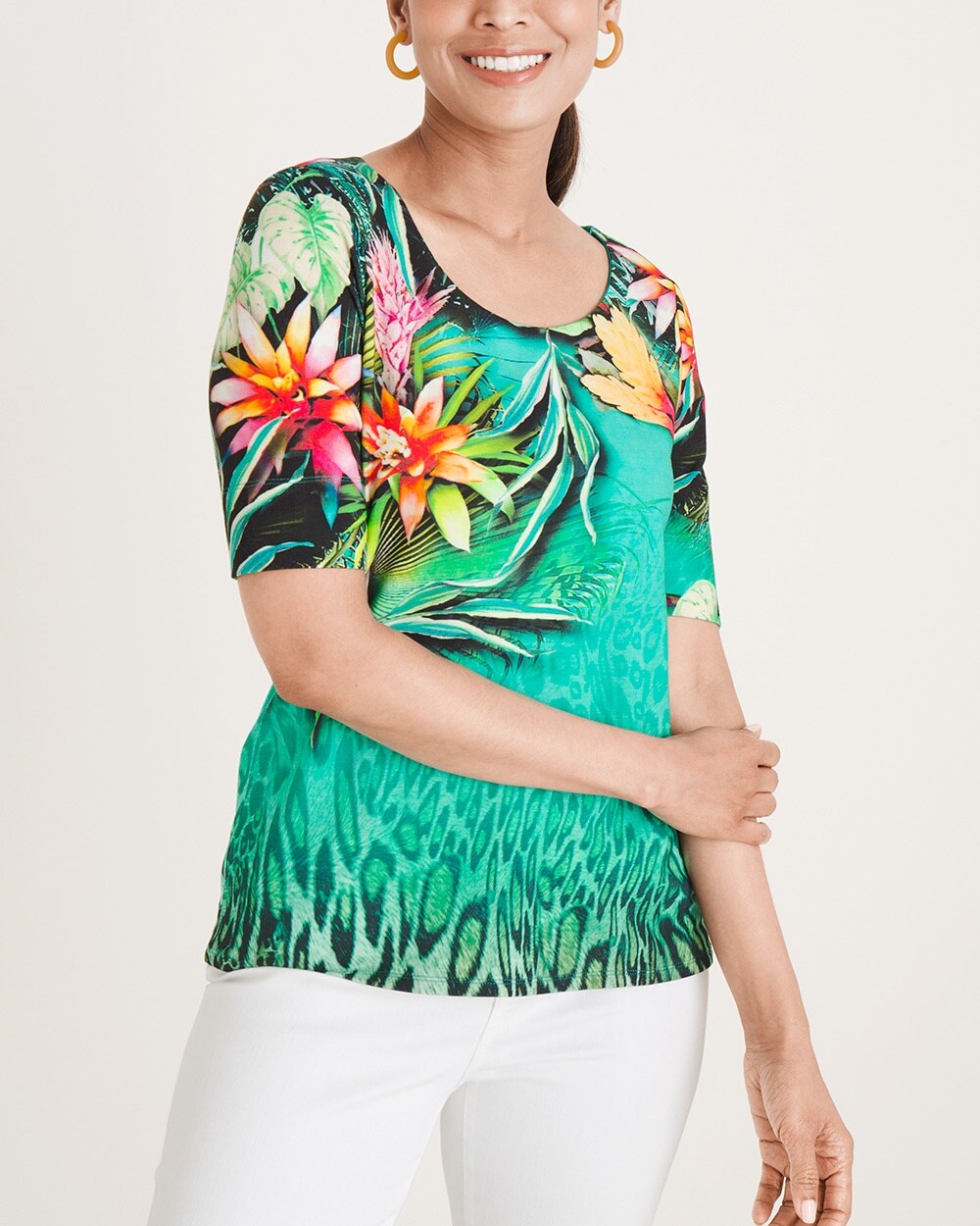 Touch of Cool Tropical-Print Ballet-Neck Tee
