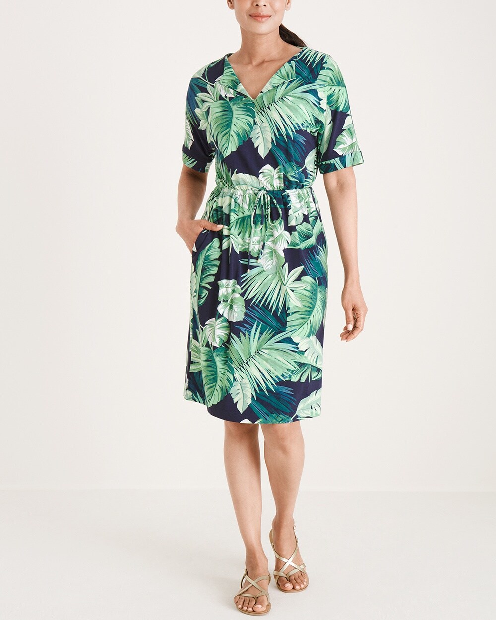 Tropical-Print Tie-Waist Dress