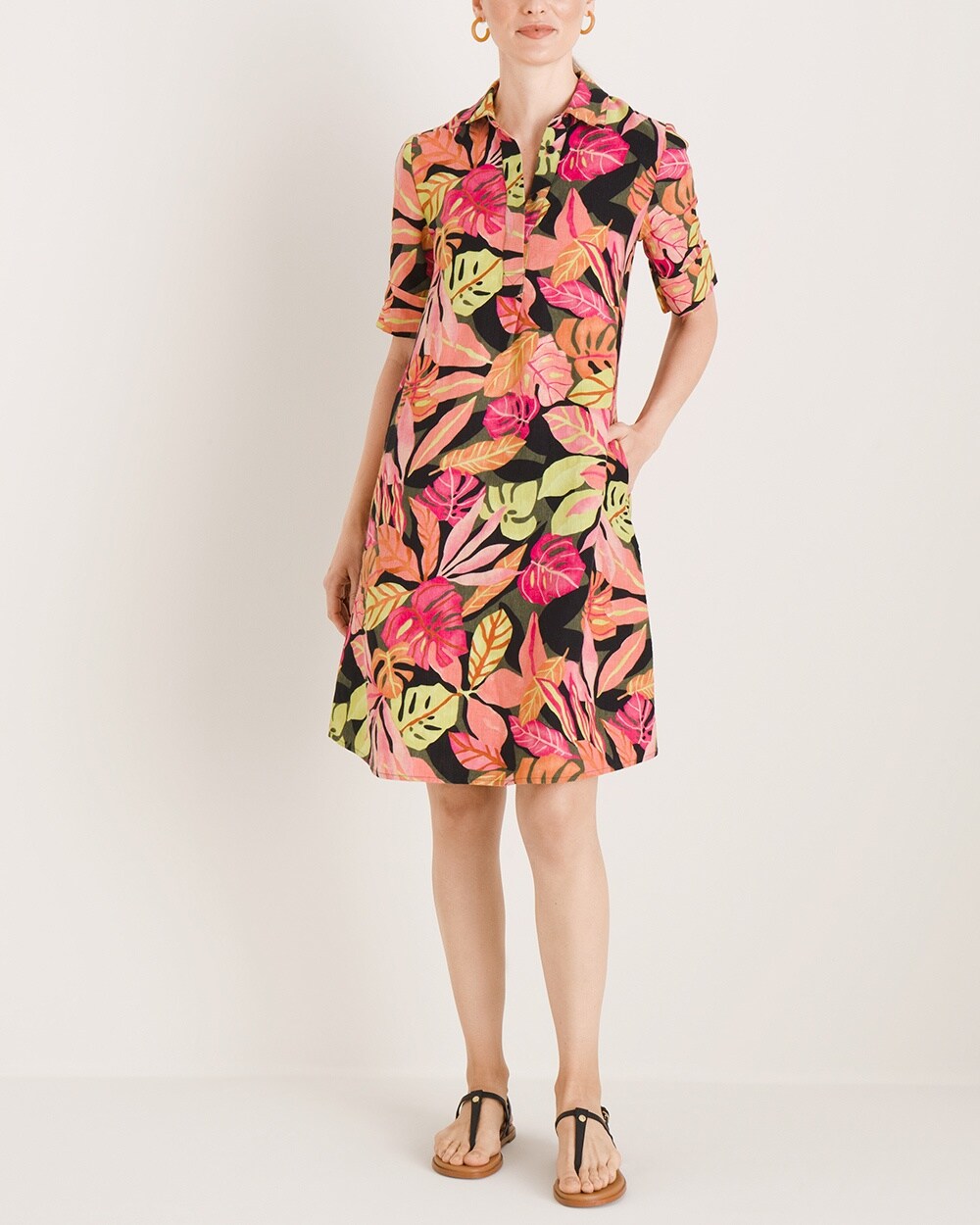 Tropical-Print Linen Popover Dress