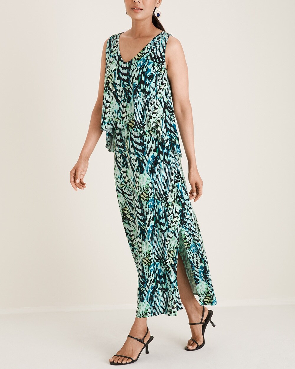 Feather-Print Popover Maxi Dress