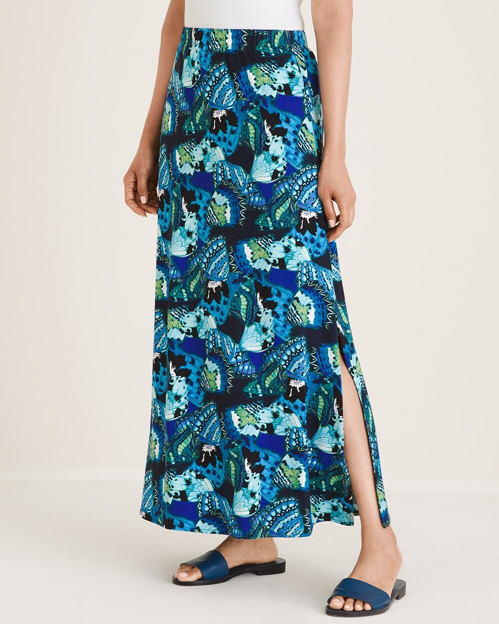 Butterfly-Print Double Side-Slit Maxi Skirt