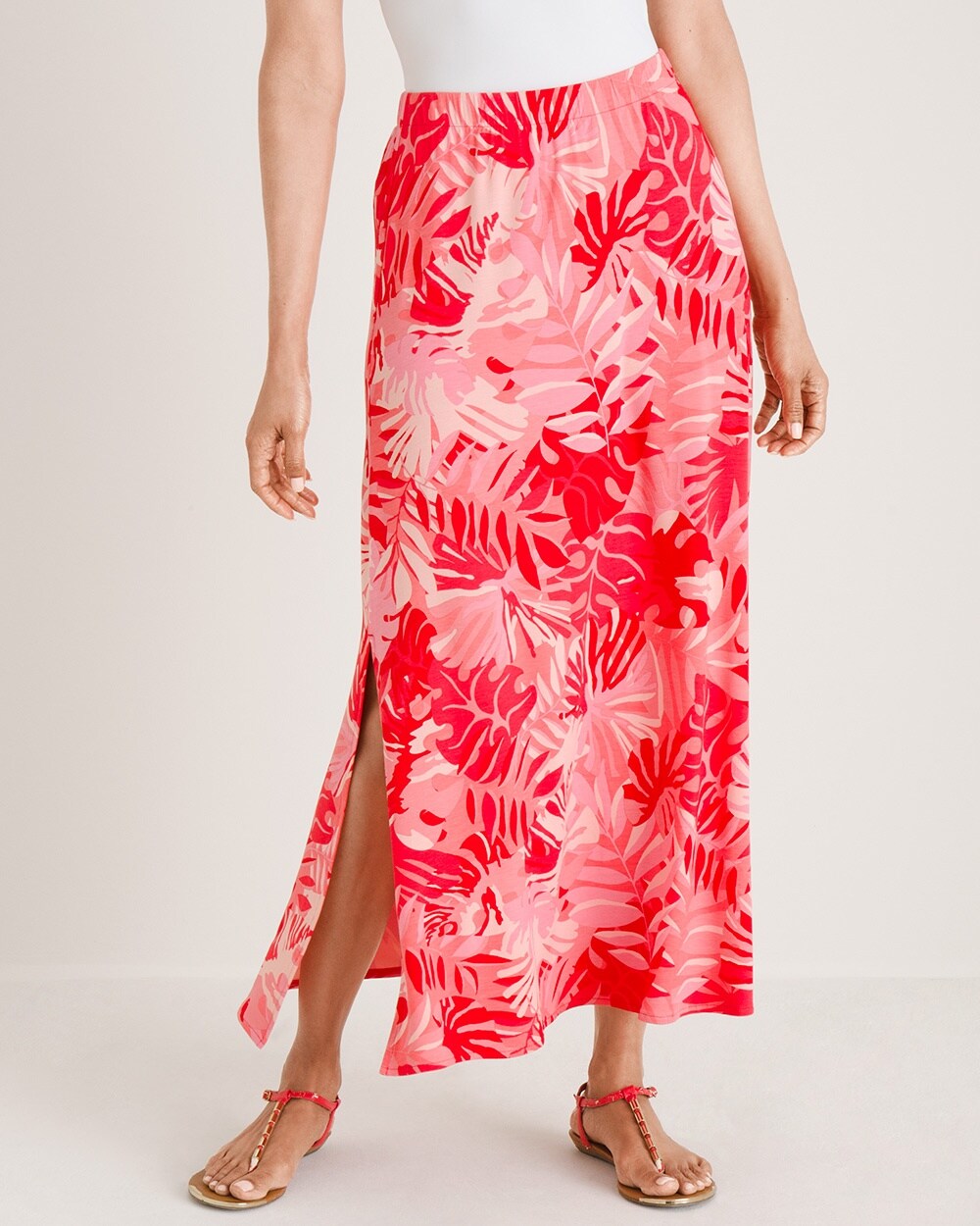 Foliage-Print Double Side-Slit Maxi Skirt