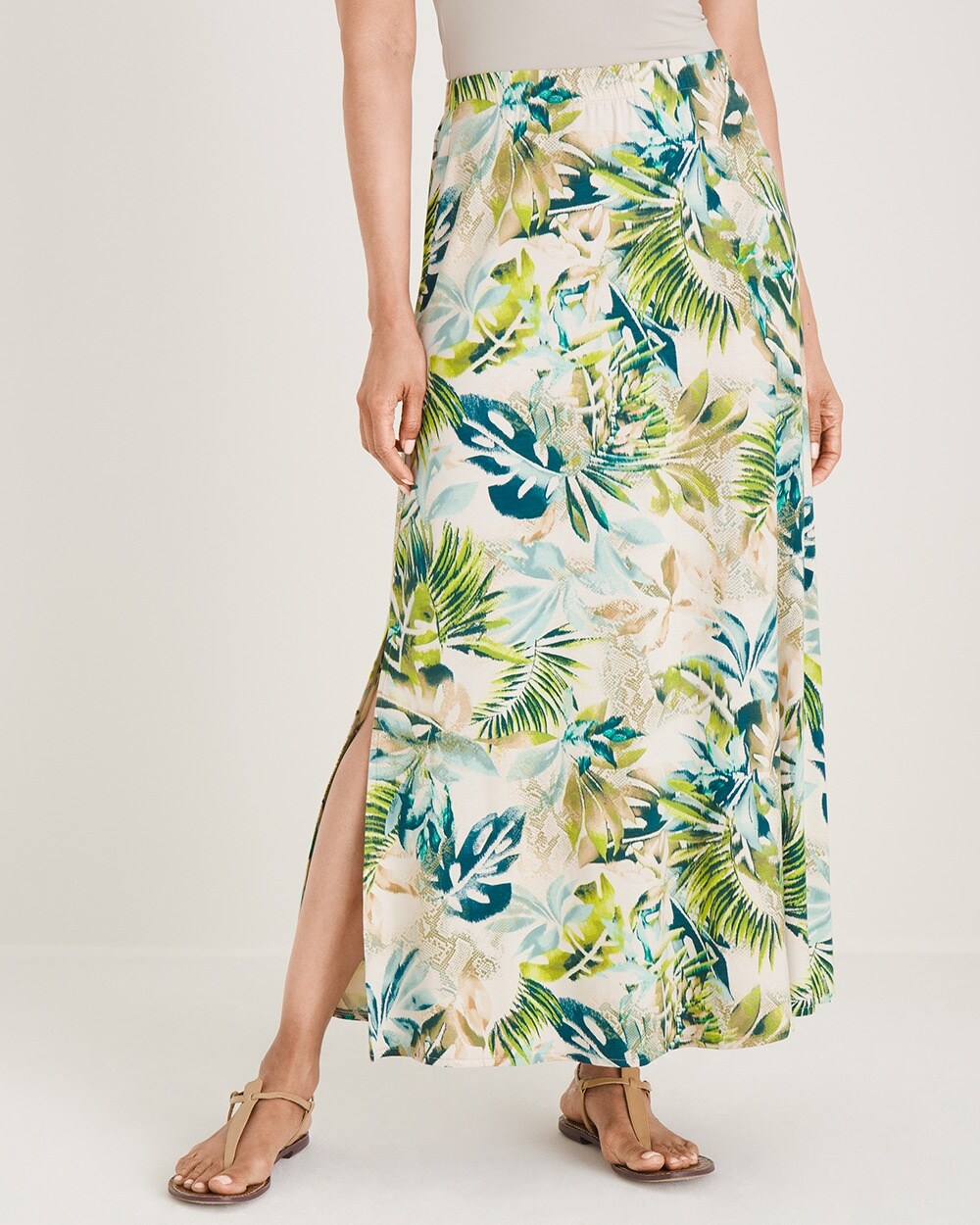 Tropical-Print Double Side-Slit Maxi Skirt