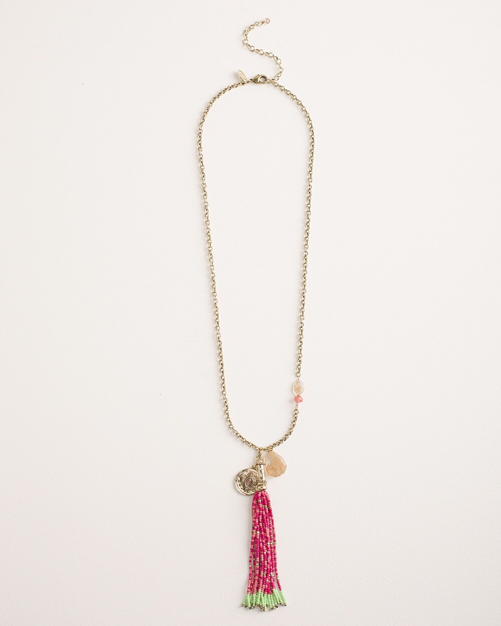 Pink and Green Beaded Tassel Pendant Necklace