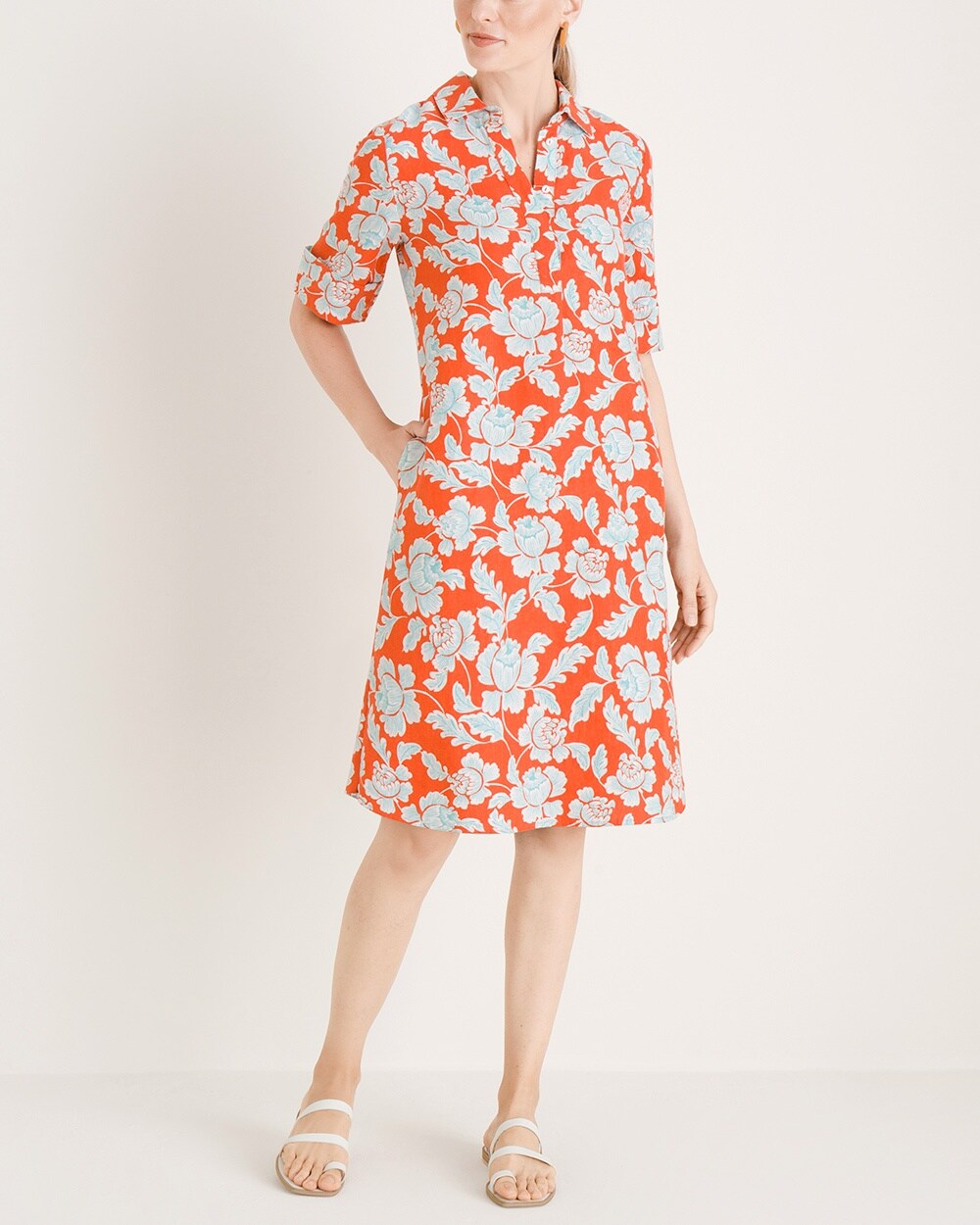 Floral-Print Linen Popover Dress