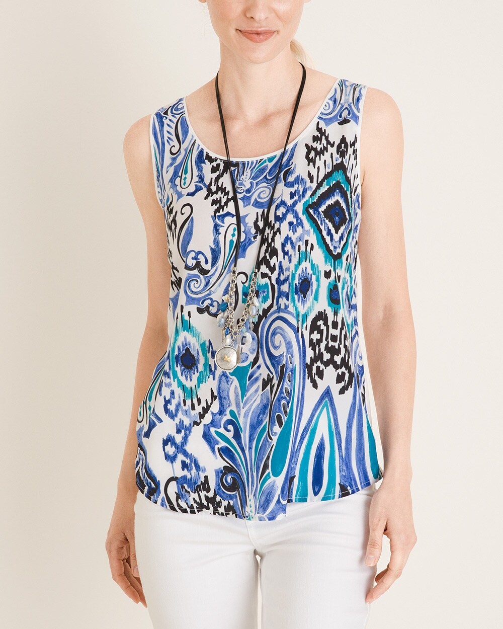 Mixed-Print Woven-Front/Knit-Back Tank