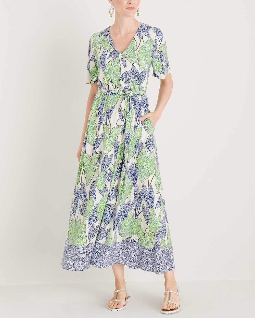 Leaf-Print Maxi Wrap Dress
