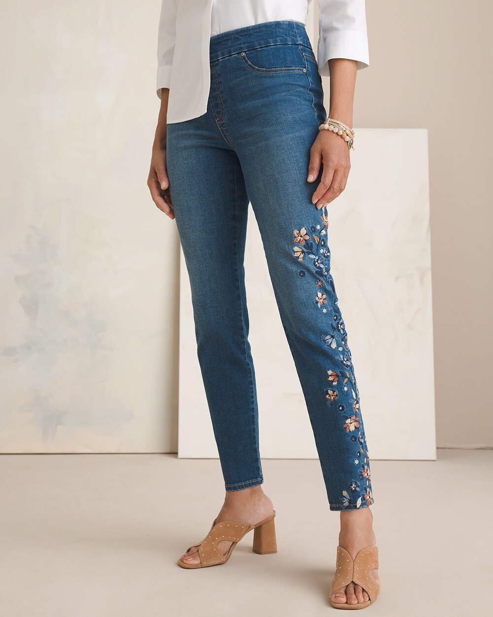 Embroidered Denim Pull-On Ankle Jeggings