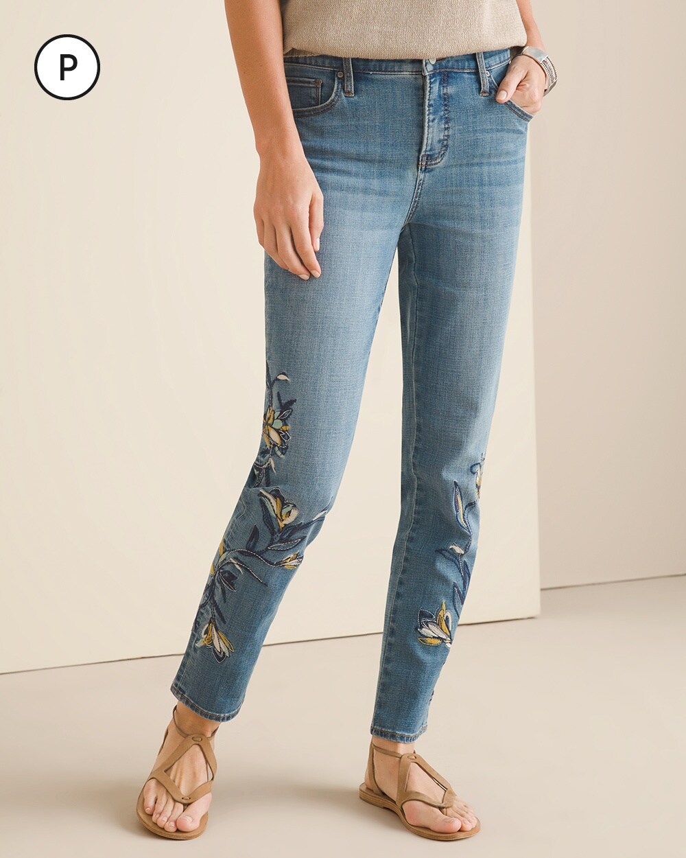 So Slimming Petite Vine Embroidered Girlfriend Ankle Jeans