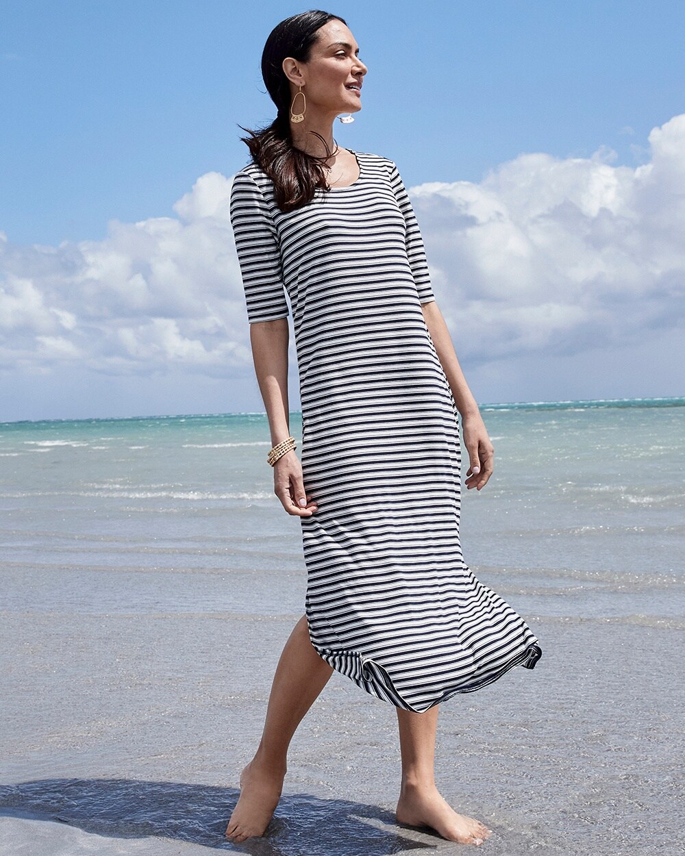 Striped Side-Slit Midi Tee Dress