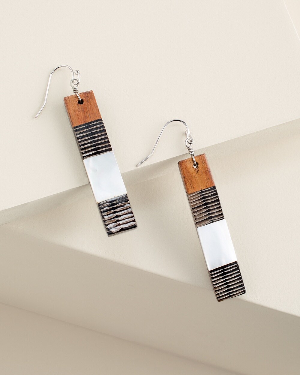 Horn, Mother-of-Pearl and Wood Linear Earrings
