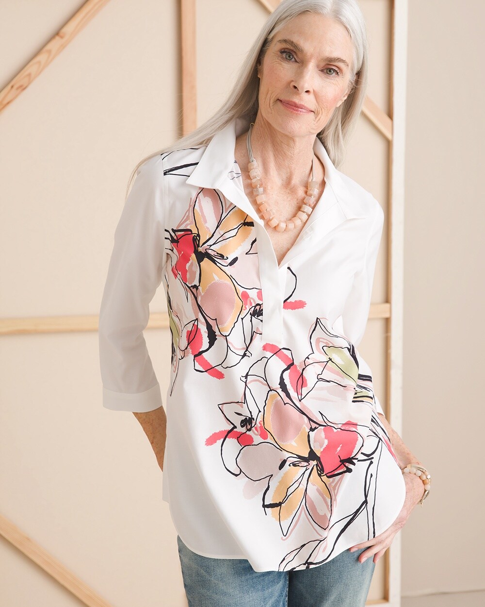No-Iron Floral Button-Back Tunic
