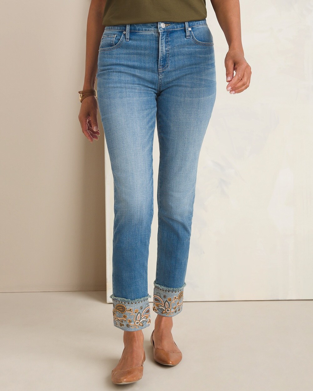So Slimming Embellished-Cuff Girlfriend Ankle Jeans