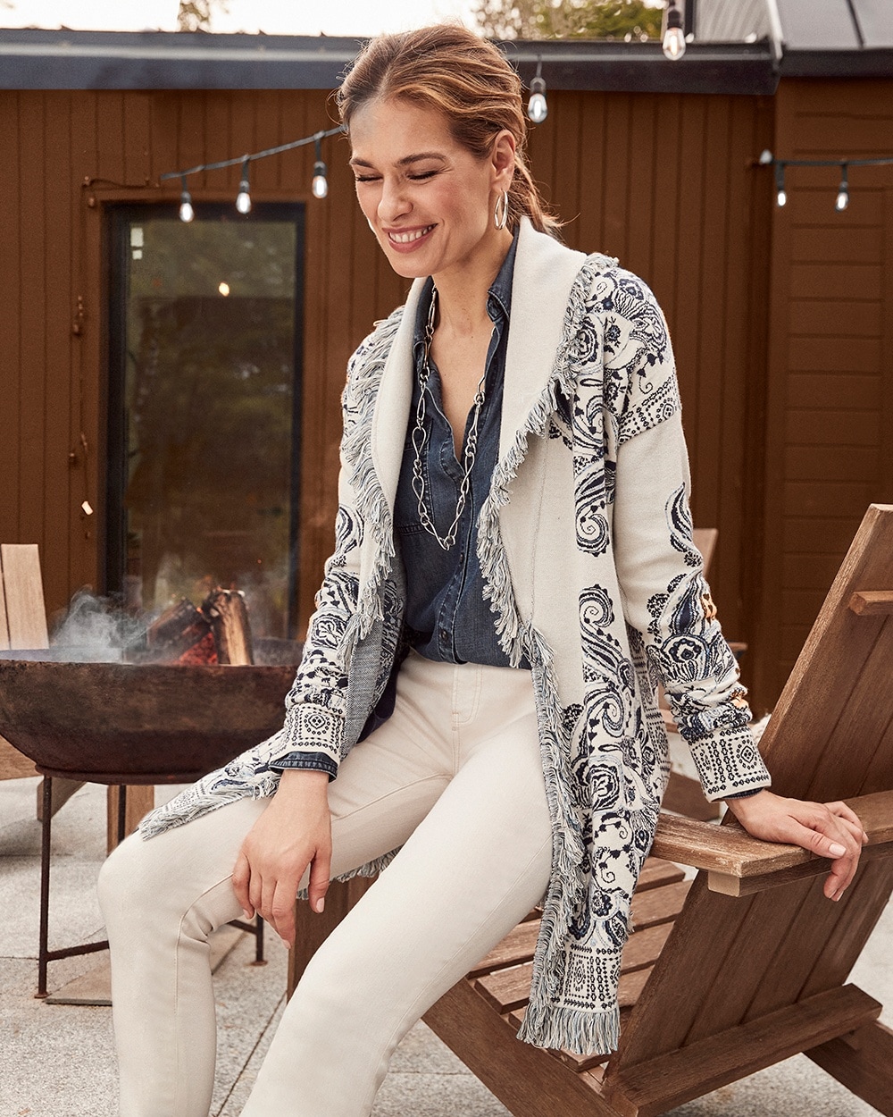 Paisley Jacquard Fringe Shawl Cardigan