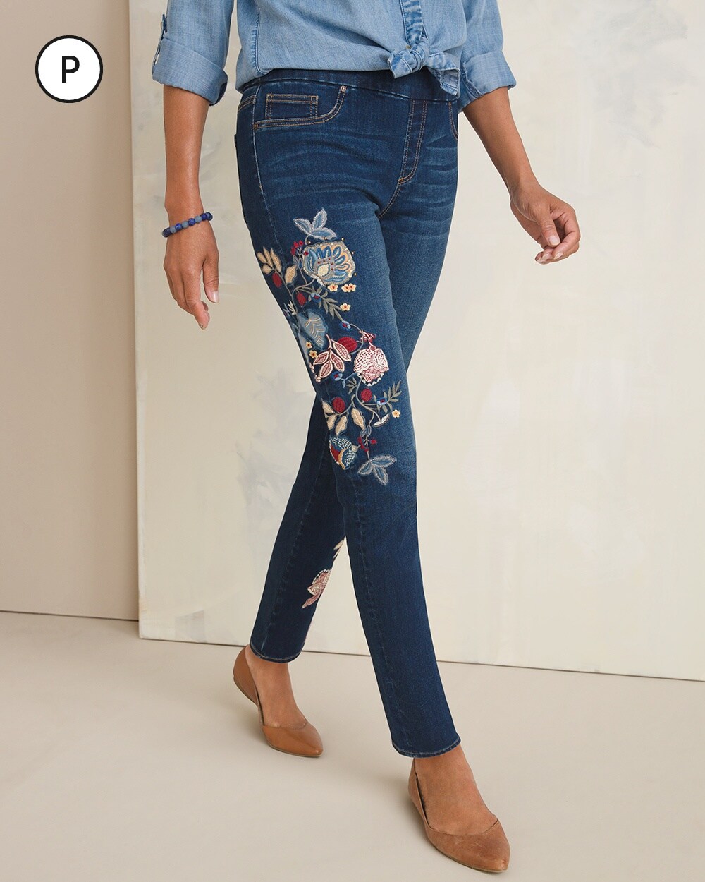 Petite Embroidered and Appliqued Denim Pull-On Ankle Jeggings