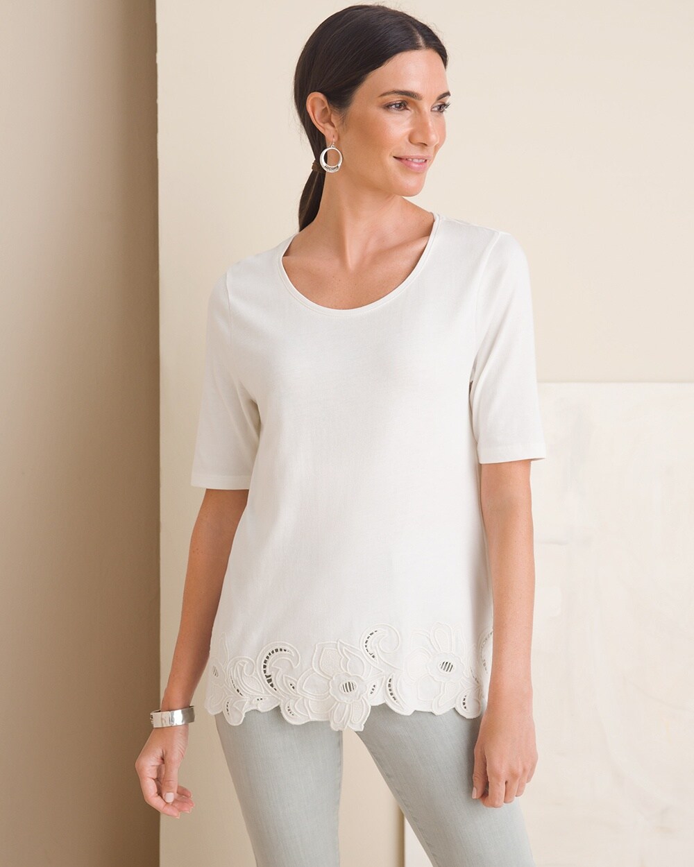 Embroidered Cut-Out Lace-Hem Tee