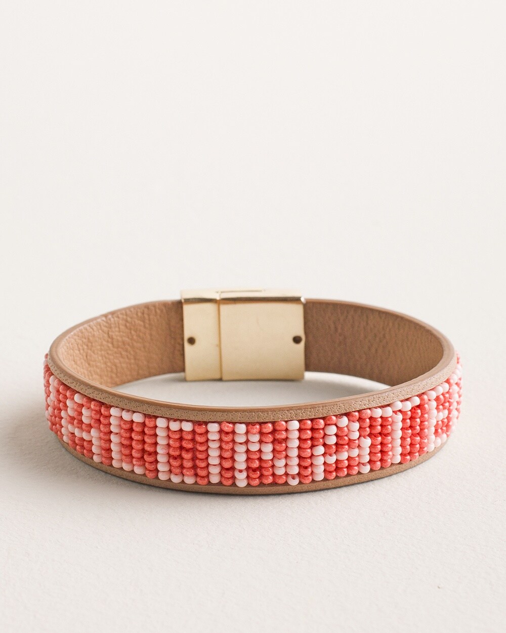 Coral-Colored Vaccinated Beaded Leather Bracelet