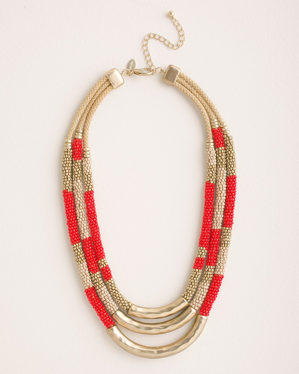 Red and Neutral Seed Bead Short Multi-Row Necklace