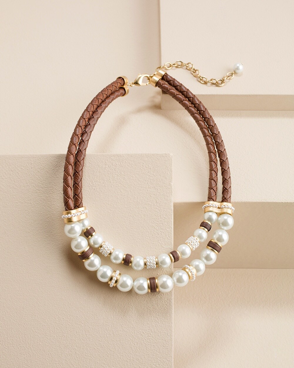 Faux-Pearl and Faux-Leather Bib Necklace