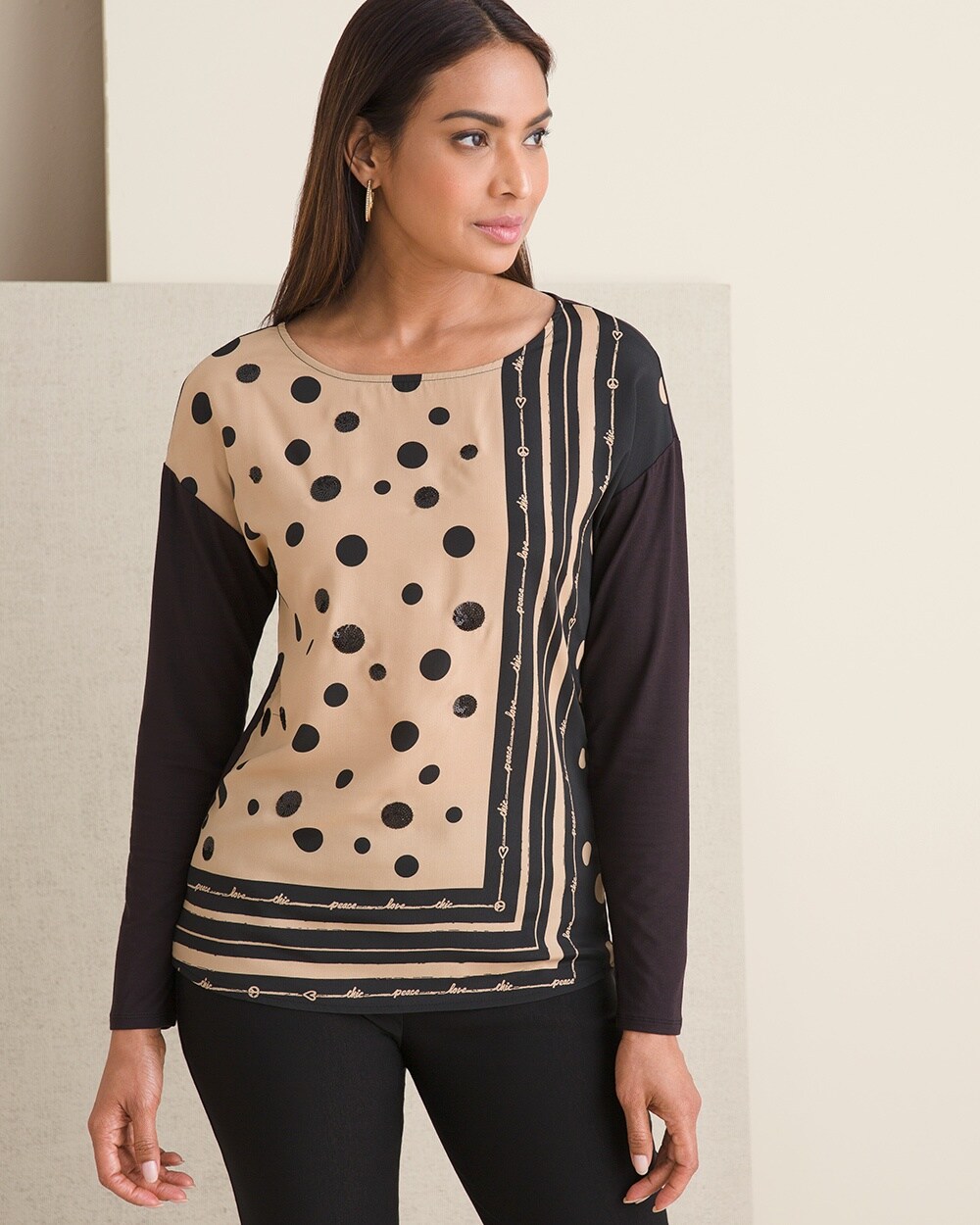 Embellished Dot-Print Woven-Front Top