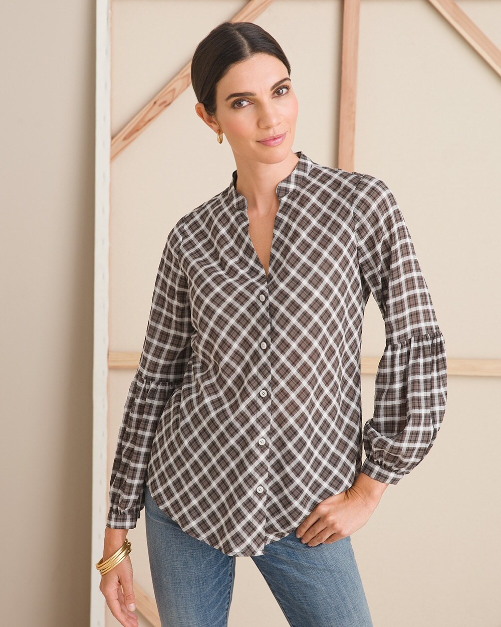 Puckered Plaid Billow-Sleeve Blouse