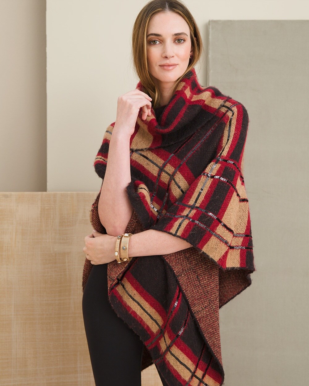 Sequined Plaid Cowlneck Poncho