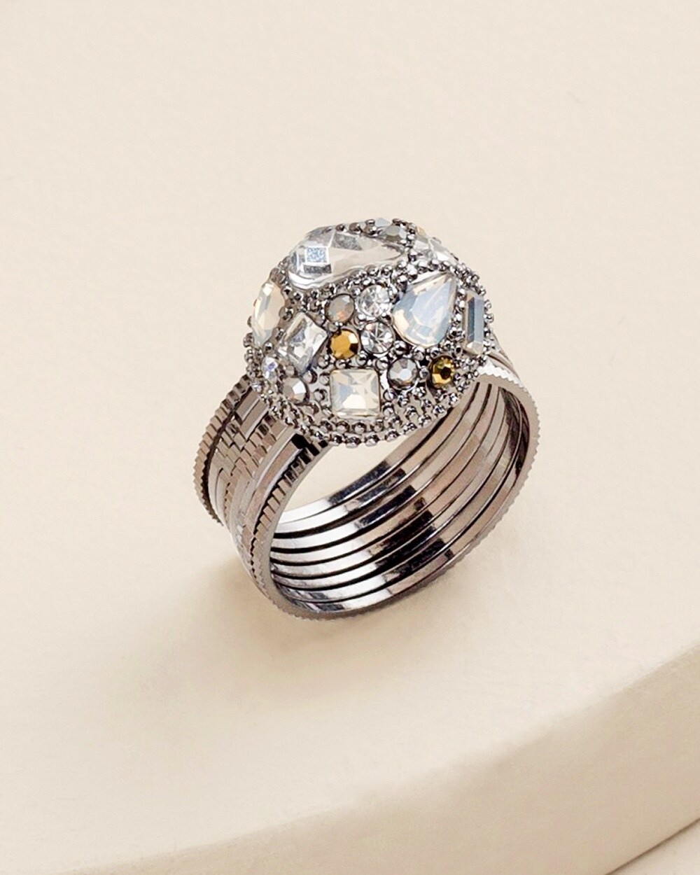 Stackable Jeweled Silvertone Ring Set