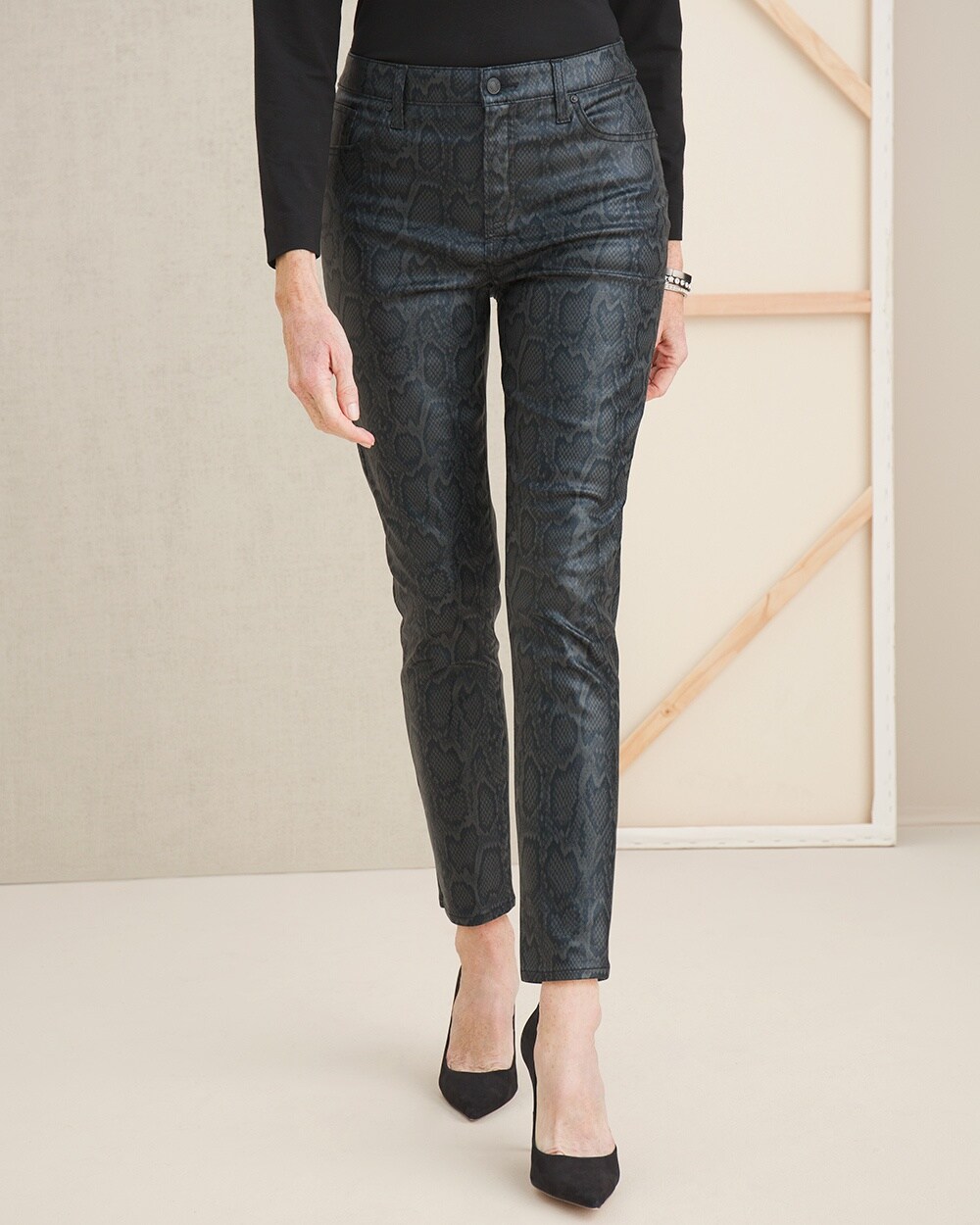 So Slimming Coated Snake-Print Ankle Jeans