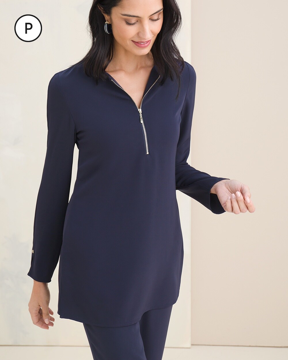 Petite Zip-Front Shirttail Pullover