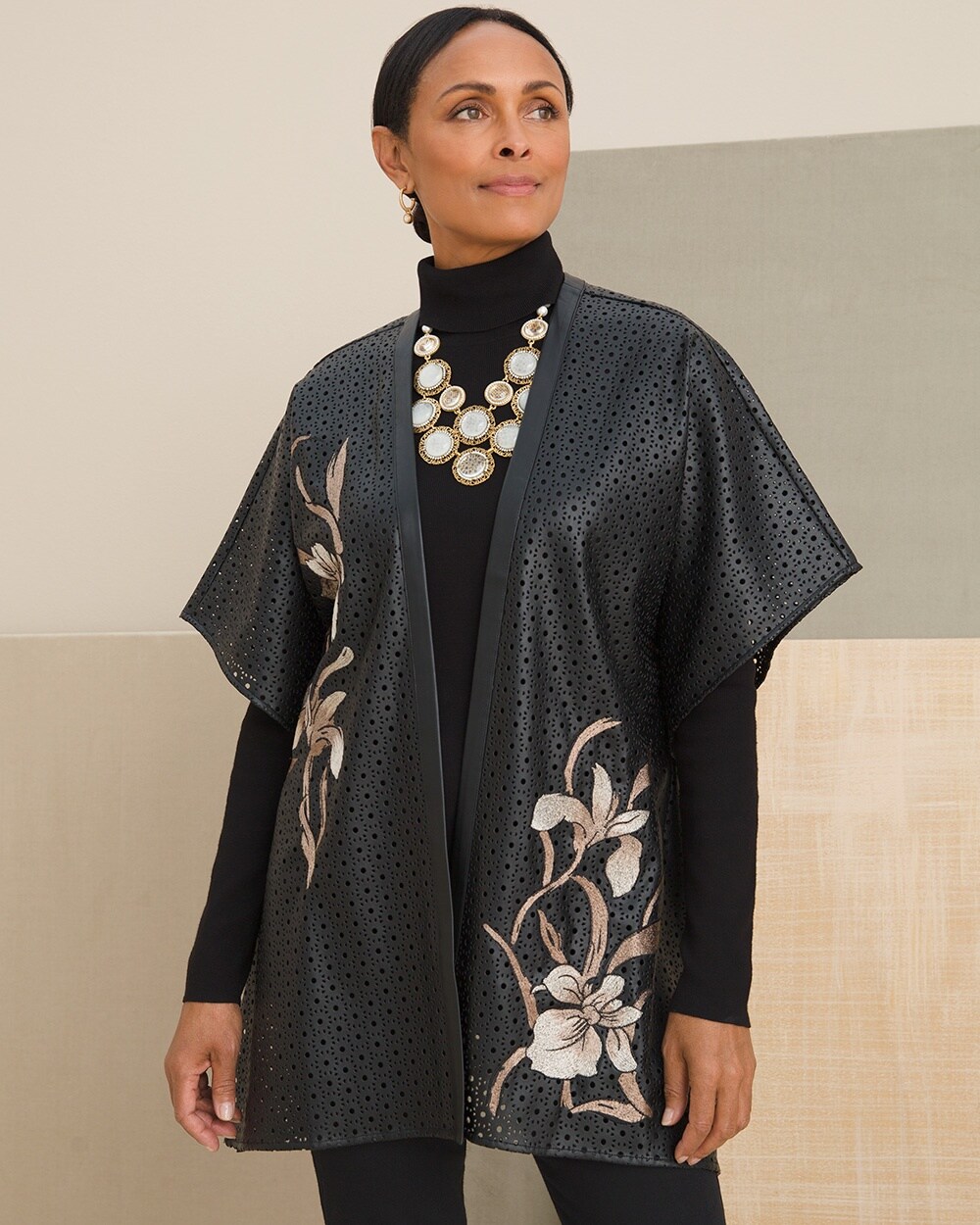 Faux-Leather Floral Kimono