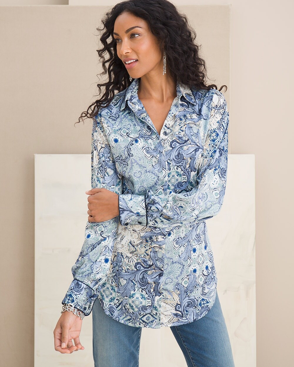 Tapestry-Print Pleat-Sleeve Shirt