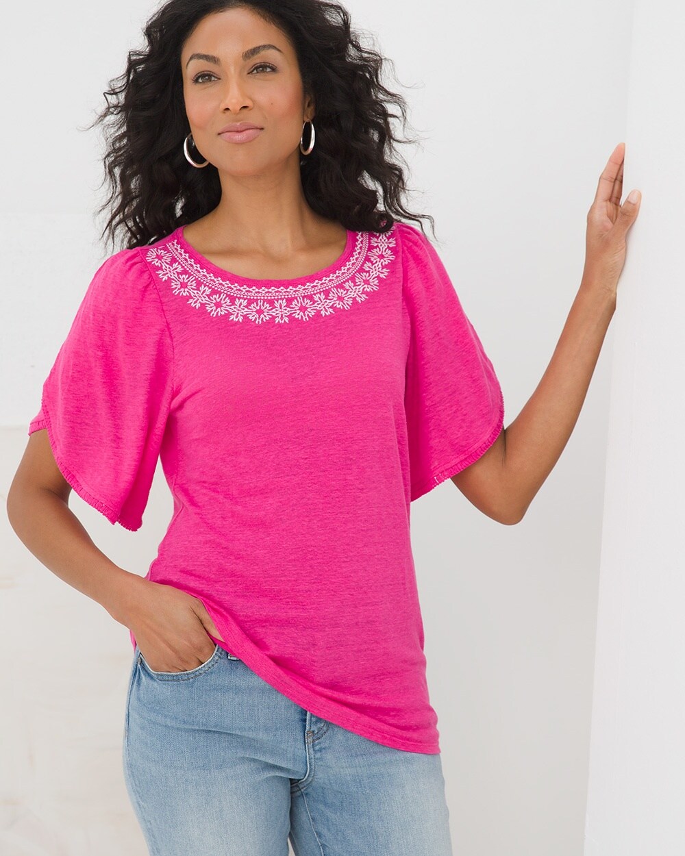 Linen-Blend Embroidered Tee