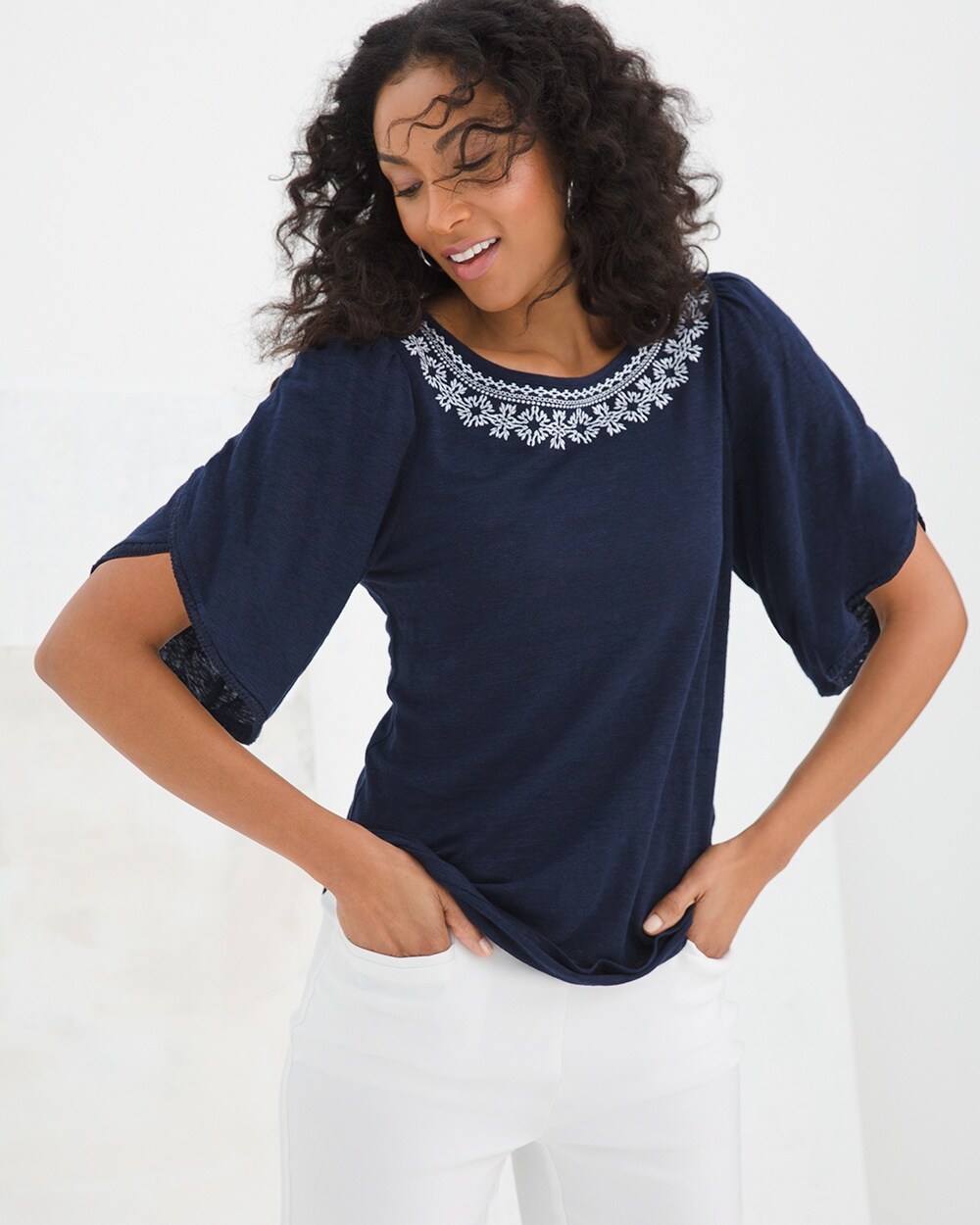 Linen-Blend Embroidered Tee