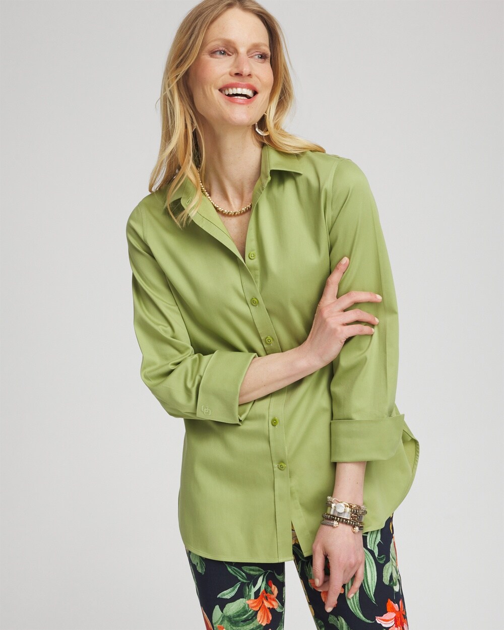 Chico's No Iron 3/4 Sleeve Stretch Shirt In Spanish Moss Size Xxl |  In Green