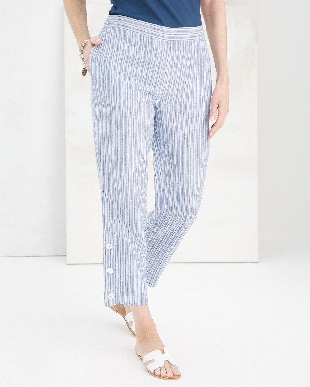 Striped Pull-On Button Hem Crops